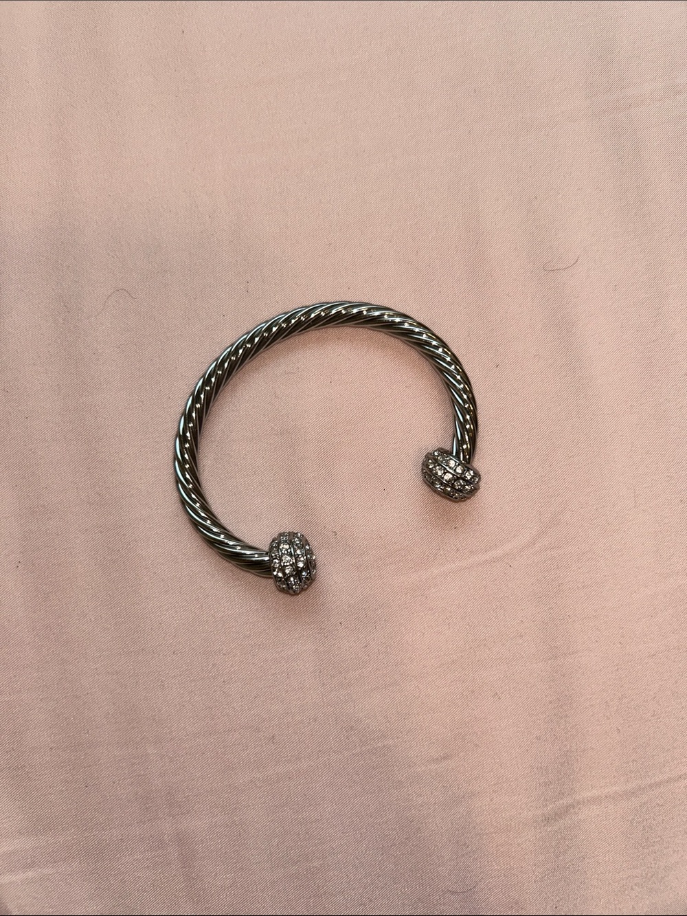 Silver (tarnish proof) Twisted Cable Open Cuff Bracelet with Crystal End Caps